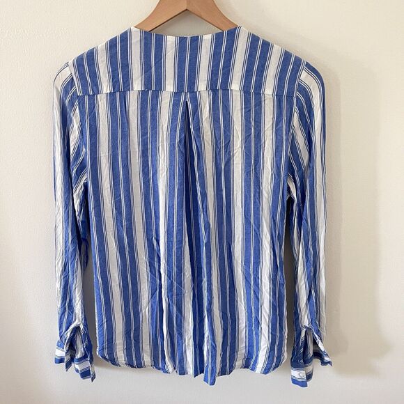 Kut from the Kloth Womens Blouse Small Blue Striped Crossover Roll Tab Sleeve - Picture 5 of 6